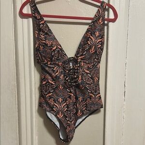 Orange and Brown One Piece Swimsuit with Plunging V-neckline